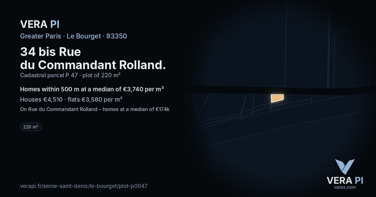 34 bis Rue du Commandant Rolland, Le Bourget at night – the plot lit, the parcels around coloured by the prices near them
