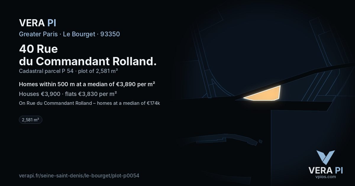 40 Rue du Commandant Rolland, Le Bourget at night – the plot lit, the parcels around coloured by the prices near them