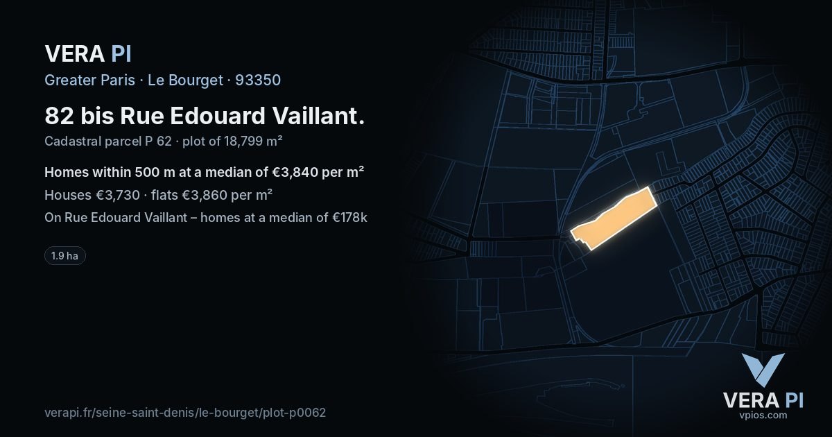 82 bis Rue Edouard Vaillant, Le Bourget at night – the plot lit, the parcels around coloured by the prices near them