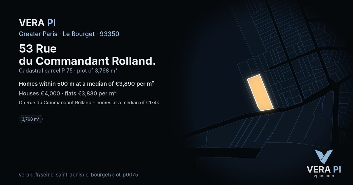 53 Rue du Commandant Rolland, Le Bourget at night – the plot lit, the parcels around coloured by the prices near them