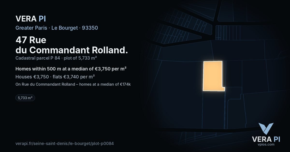 47 Rue du Commandant Rolland, Le Bourget at night – the plot lit, the parcels around coloured by the prices near them