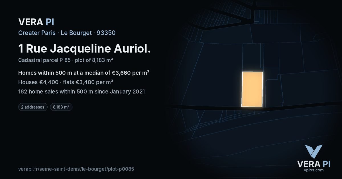 1 Rue Jacqueline Auriol, Le Bourget at night – the plot lit, the parcels around coloured by the prices near them