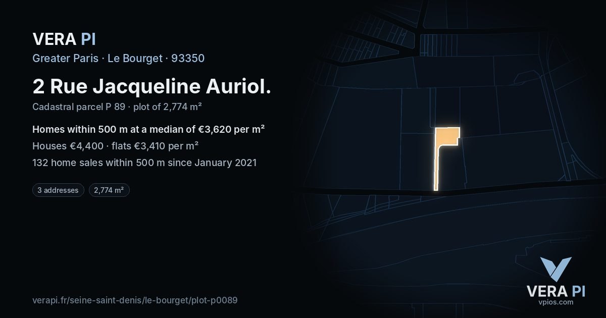 2 Rue Jacqueline Auriol, Le Bourget at night – the plot lit, the parcels around coloured by the prices near them