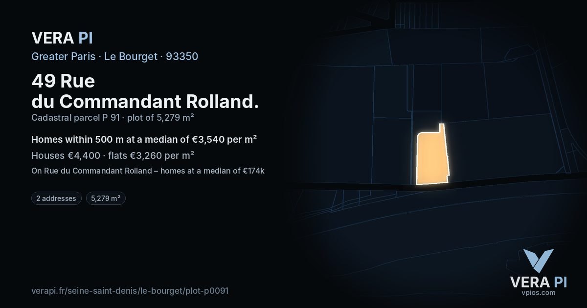 49 Rue du Commandant Rolland, Le Bourget at night – the plot lit, the parcels around coloured by the prices near them