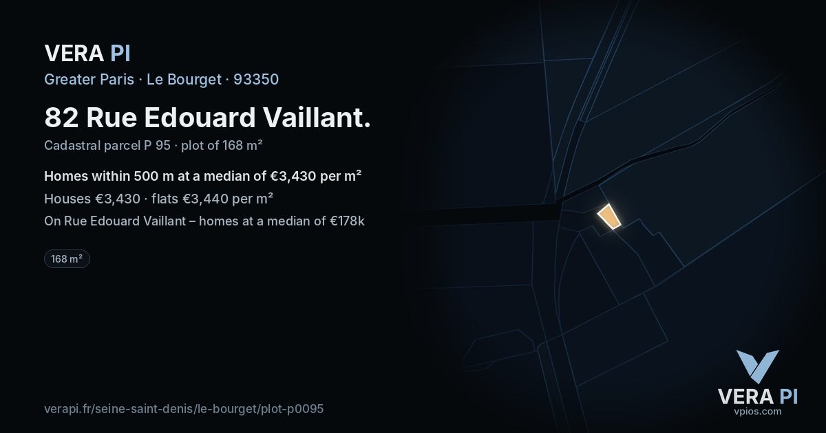 82 Rue Edouard Vaillant, Le Bourget at night – the plot lit, the parcels around coloured by the prices near them
