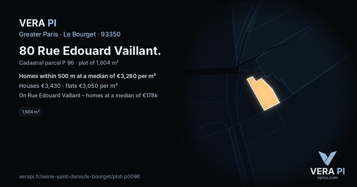 80 Rue Edouard Vaillant, Le Bourget at night – the plot lit, the parcels around coloured by the prices near them