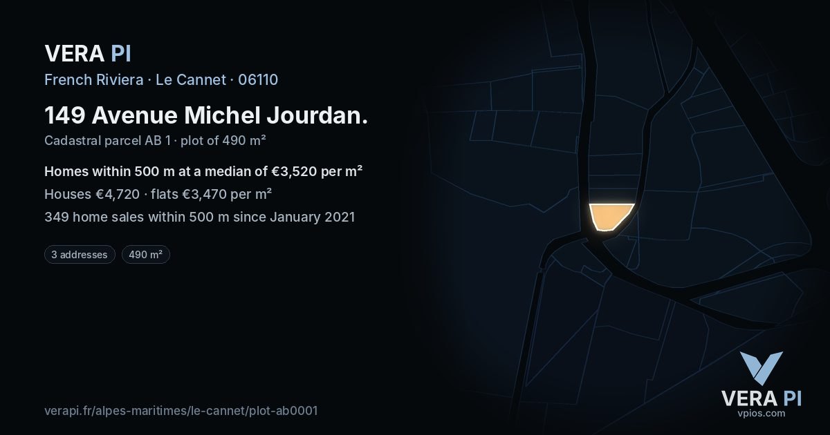 149 Avenue Michel Jourdan, Le Cannet at night – the plot lit, the parcels around coloured by the prices near them