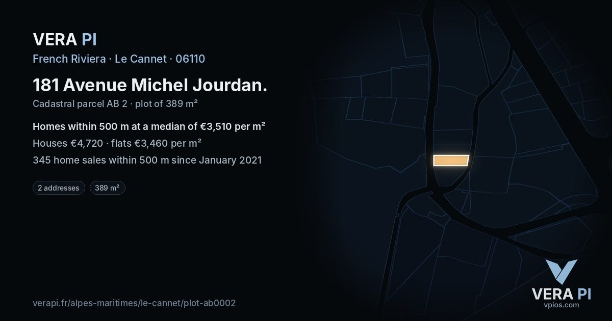 181 Avenue Michel Jourdan, Le Cannet at night – the plot lit, the parcels around coloured by the prices near them