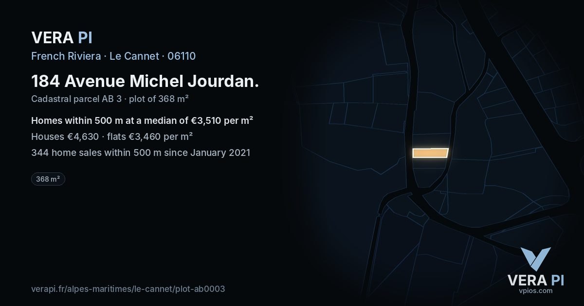 184 Avenue Michel Jourdan, Le Cannet at night – the plot lit, the parcels around coloured by the prices near them