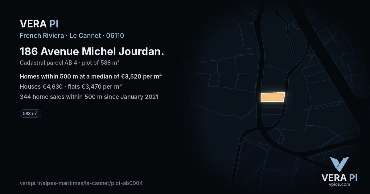 186 Avenue Michel Jourdan, Le Cannet at night – the plot lit, the parcels around coloured by the prices near them