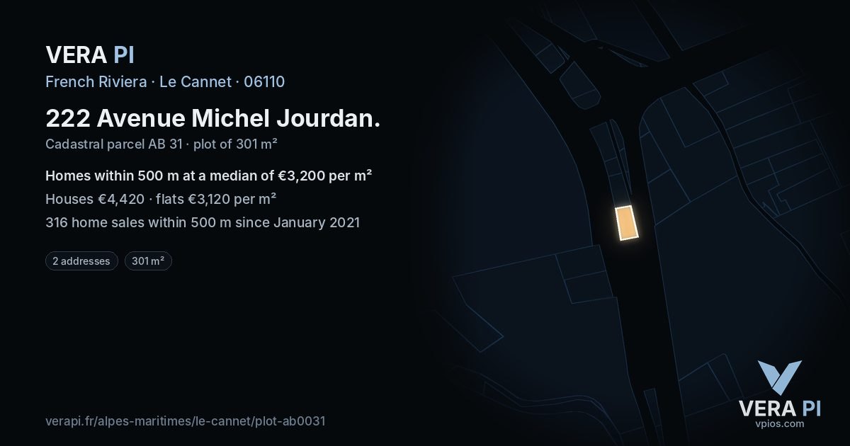 222 Avenue Michel Jourdan, Le Cannet at night – the plot lit, the parcels around coloured by the prices near them