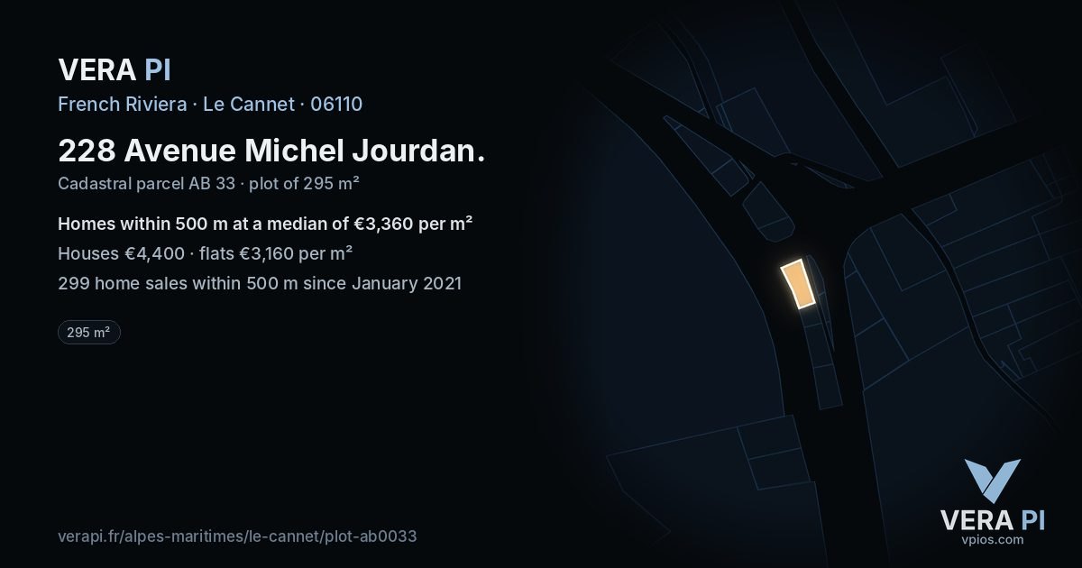 228 Avenue Michel Jourdan, Le Cannet at night – the plot lit, the parcels around coloured by the prices near them