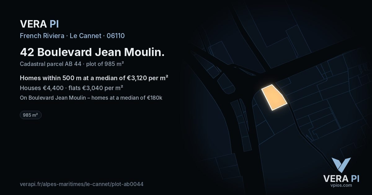 42 Boulevard Jean Moulin, Le Cannet at night – the plot lit, the parcels around coloured by the prices near them