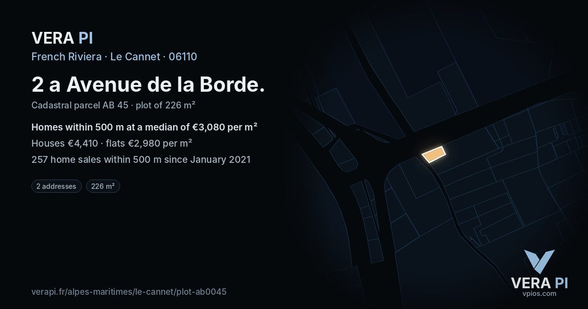 2 a Avenue de la Borde, Le Cannet at night – the plot lit, the parcels around coloured by the prices near them