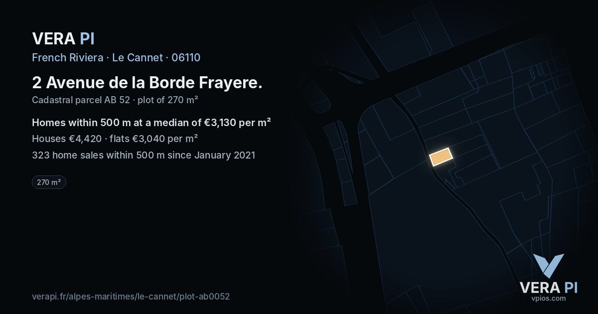 2 Avenue de la Borde Frayere, Le Cannet at night – the plot lit, the parcels around coloured by the prices near them