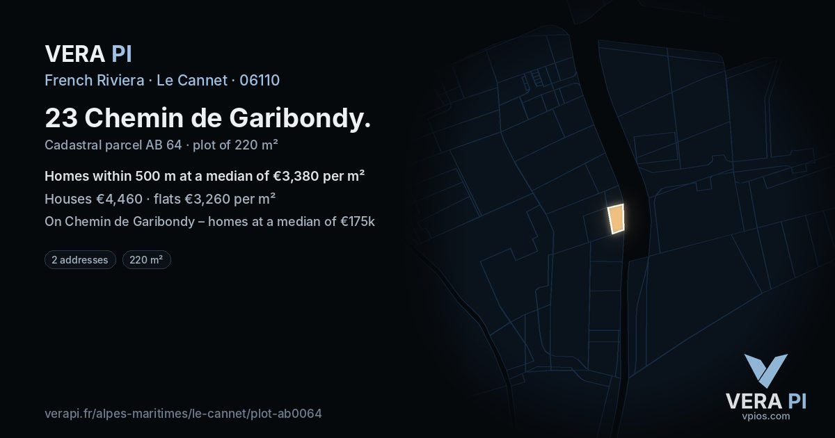 23 Chemin de Garibondy, Le Cannet at night – the plot lit, the parcels around coloured by the prices near them