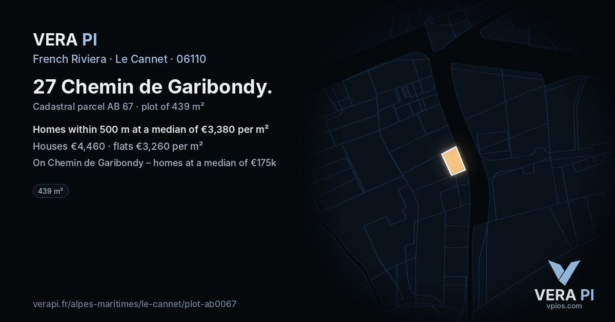 27 Chemin de Garibondy, Le Cannet at night – the plot lit, the parcels around coloured by the prices near them