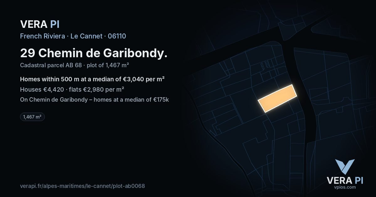 29 Chemin de Garibondy, Le Cannet at night – the plot lit, the parcels around coloured by the prices near them