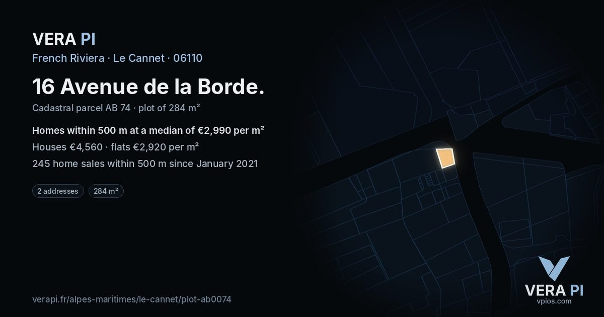 16 Avenue de la Borde, Le Cannet at night – the plot lit, the parcels around coloured by the prices near them