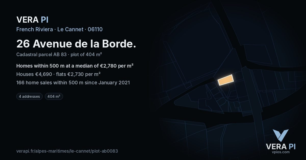 26 Avenue de la Borde, Le Cannet at night – the plot lit, the parcels around coloured by the prices near them