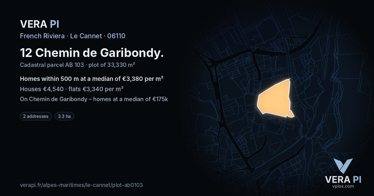 12 Chemin de Garibondy, Le Cannet at night – the plot lit, the parcels around coloured by the prices near them