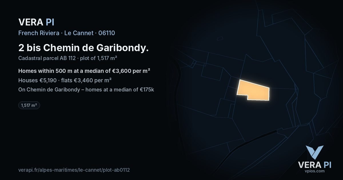 2 bis Chemin de Garibondy, Le Cannet at night – the plot lit, the parcels around coloured by the prices near them