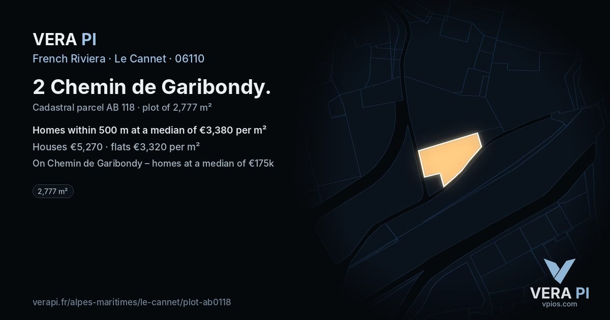 2 Chemin de Garibondy, Le Cannet at night – the plot lit, the parcels around coloured by the prices near them