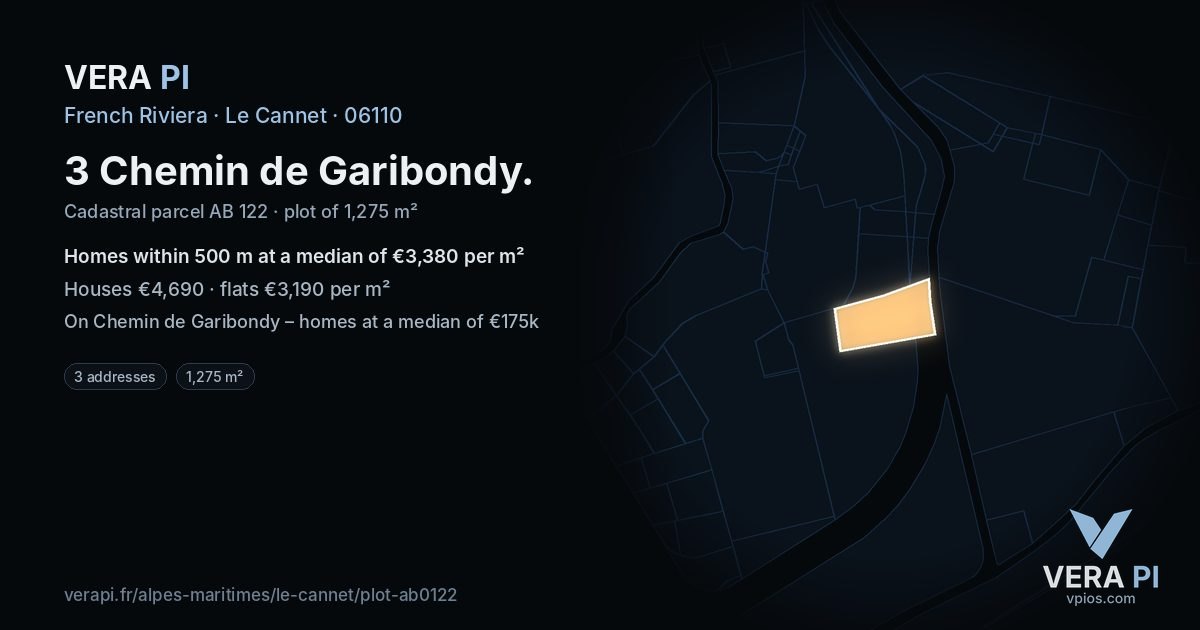 3 Chemin de Garibondy, Le Cannet at night – the plot lit, the parcels around coloured by the prices near them