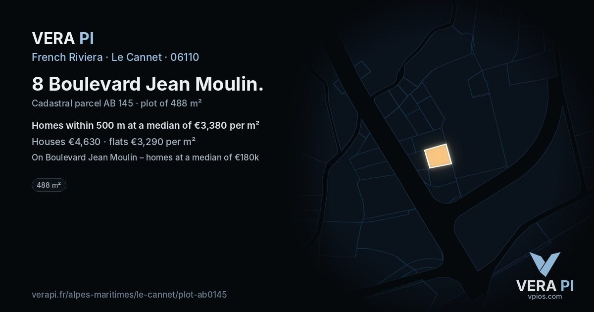 8 Boulevard Jean Moulin, Le Cannet at night – the plot lit, the parcels around coloured by the prices near them