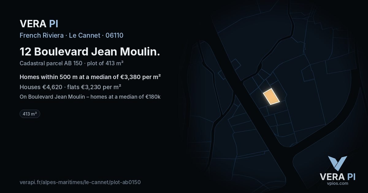 12 Boulevard Jean Moulin, Le Cannet at night – the plot lit, the parcels around coloured by the prices near them