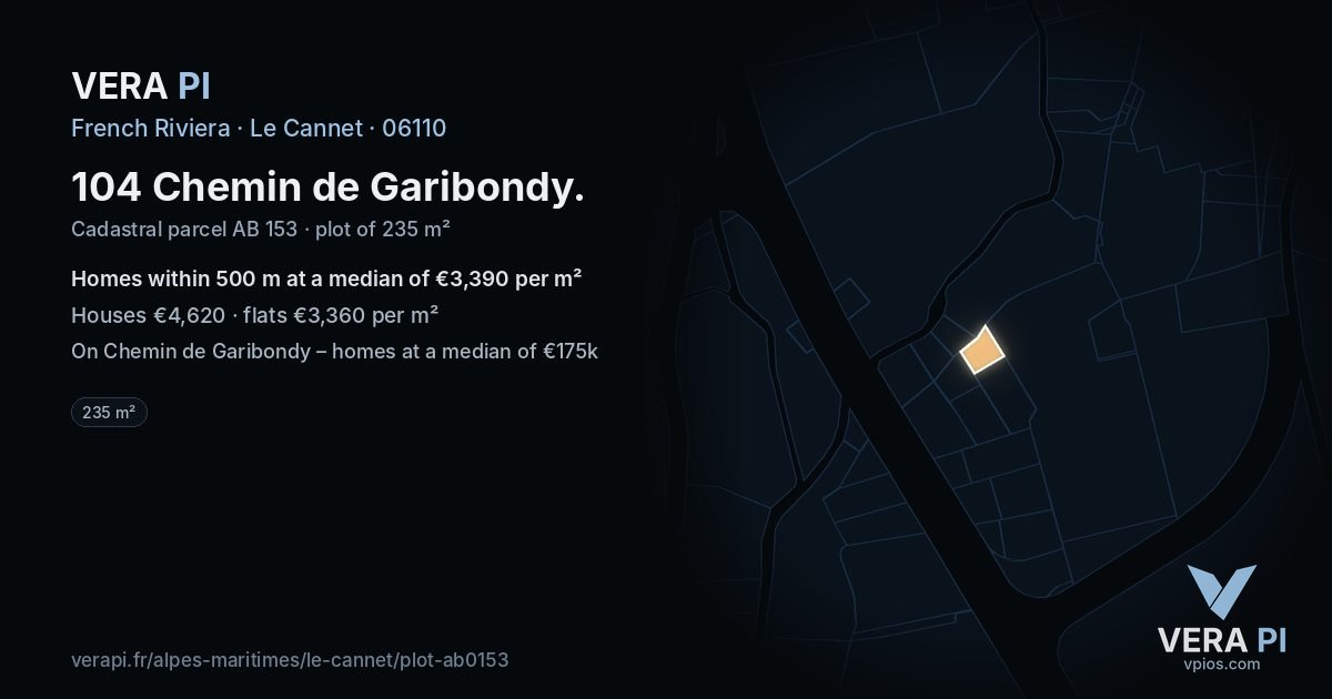 104 Chemin de Garibondy, Le Cannet at night – the plot lit, the parcels around coloured by the prices near them