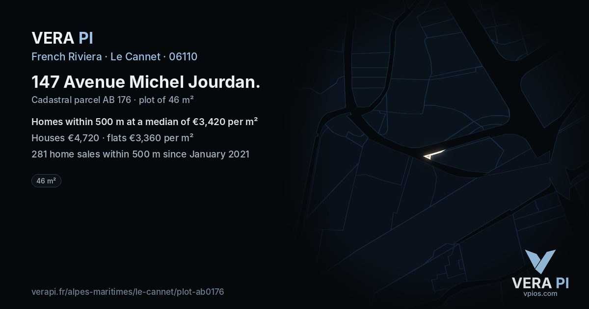 147 Avenue Michel Jourdan, Le Cannet at night – the plot lit, the parcels around coloured by the prices near them
