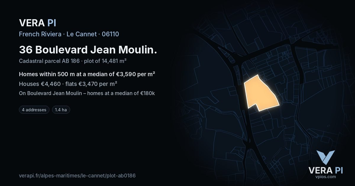 36 Boulevard Jean Moulin, Le Cannet at night – the plot lit, the parcels around coloured by the prices near them