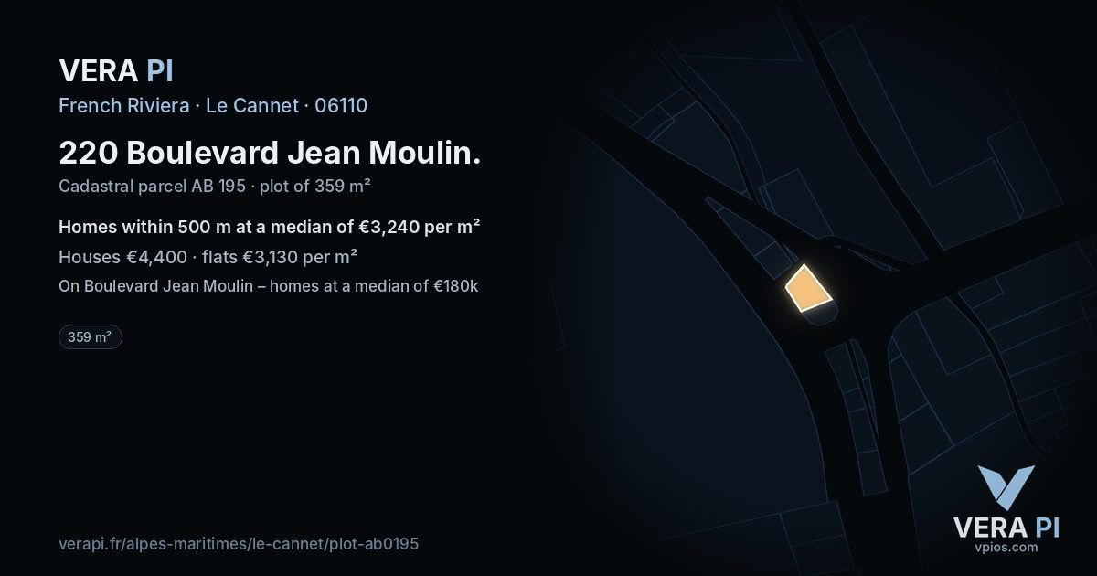220 Boulevard Jean Moulin, Le Cannet at night – the plot lit, the parcels around coloured by the prices near them