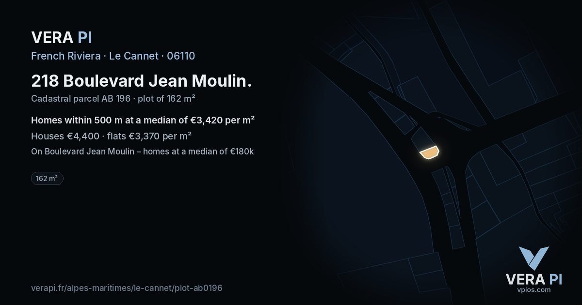 218 Boulevard Jean Moulin, Le Cannet at night – the plot lit, the parcels around coloured by the prices near them