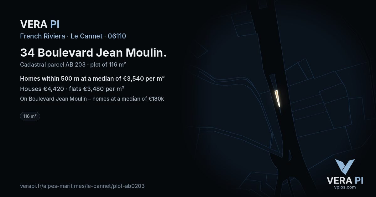 34 Boulevard Jean Moulin, Le Cannet at night – the plot lit, the parcels around coloured by the prices near them