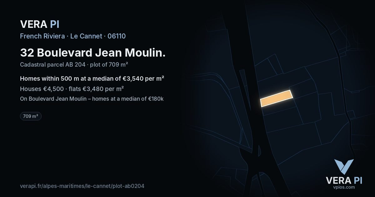 32 Boulevard Jean Moulin, Le Cannet at night – the plot lit, the parcels around coloured by the prices near them
