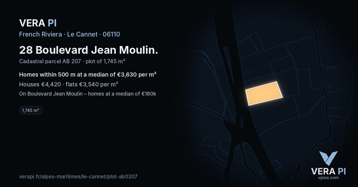 28 Boulevard Jean Moulin, Le Cannet at night – the plot lit, the parcels around coloured by the prices near them