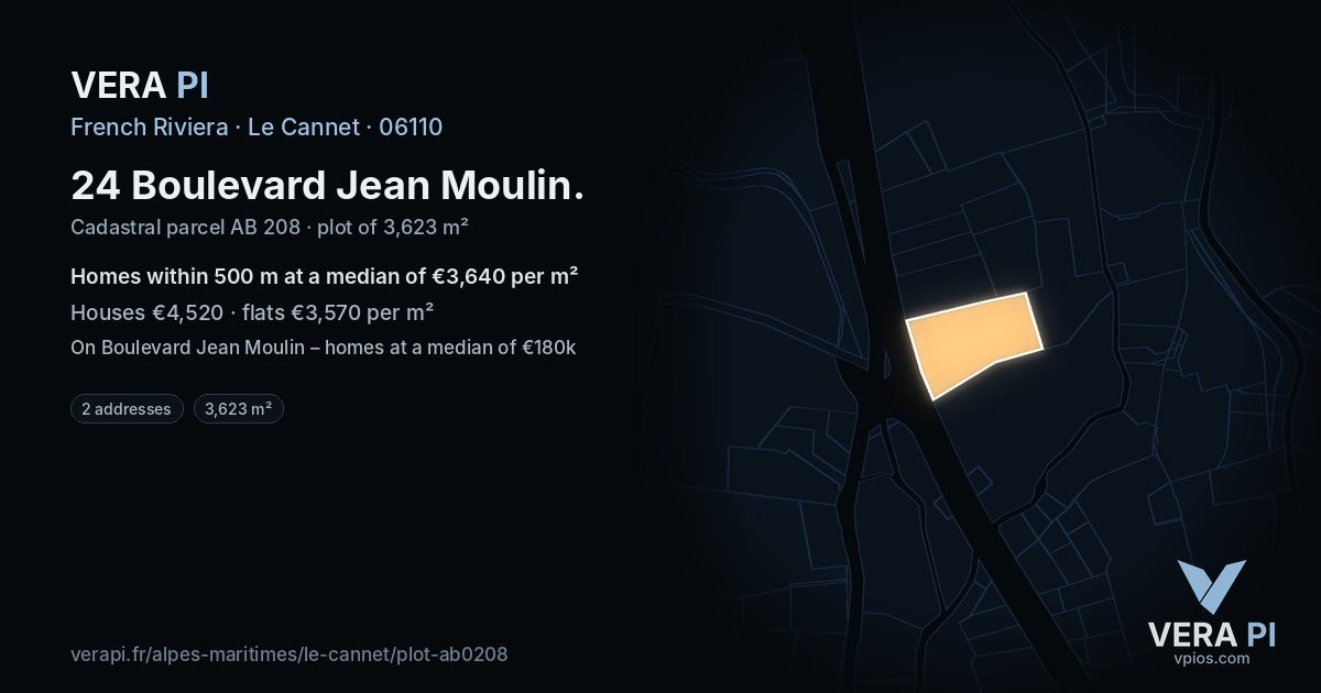 24 Boulevard Jean Moulin, Le Cannet at night – the plot lit, the parcels around coloured by the prices near them