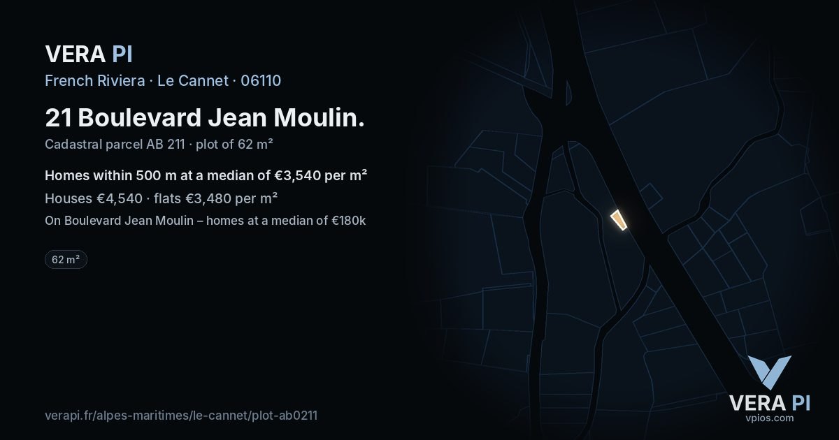 21 Boulevard Jean Moulin, Le Cannet at night – the plot lit, the parcels around coloured by the prices near them