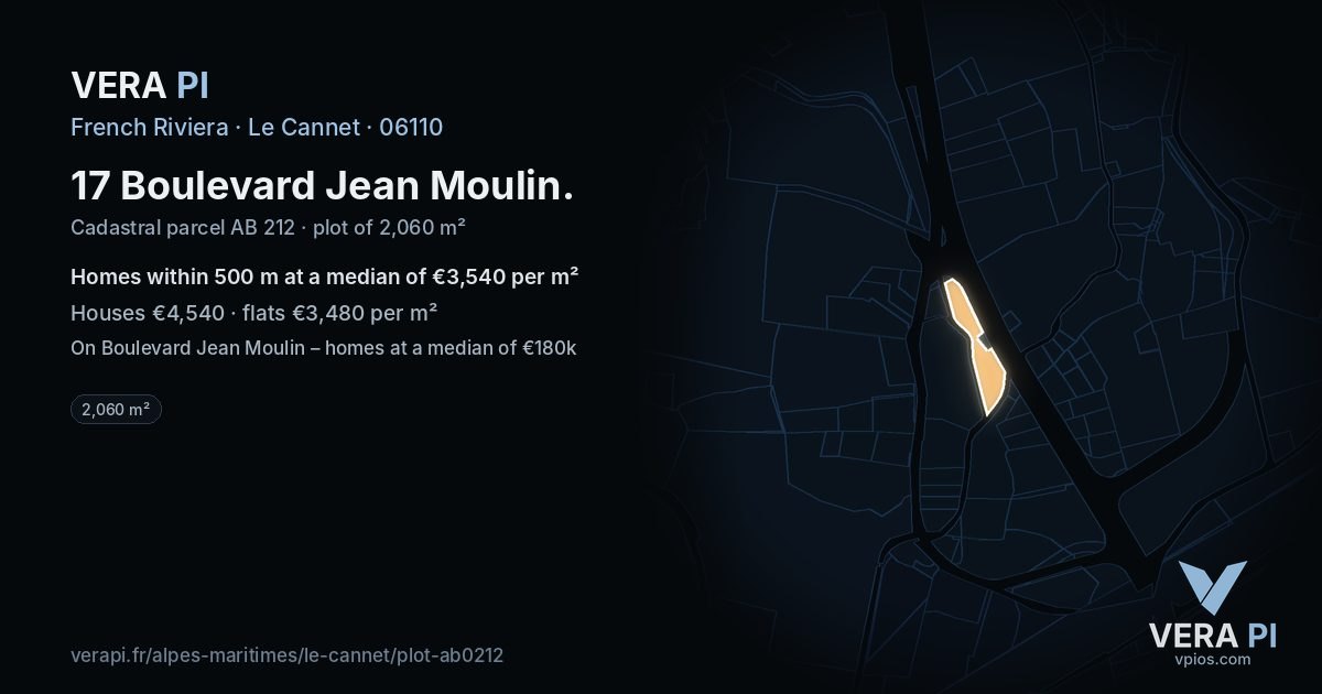 17 Boulevard Jean Moulin, Le Cannet at night – the plot lit, the parcels around coloured by the prices near them