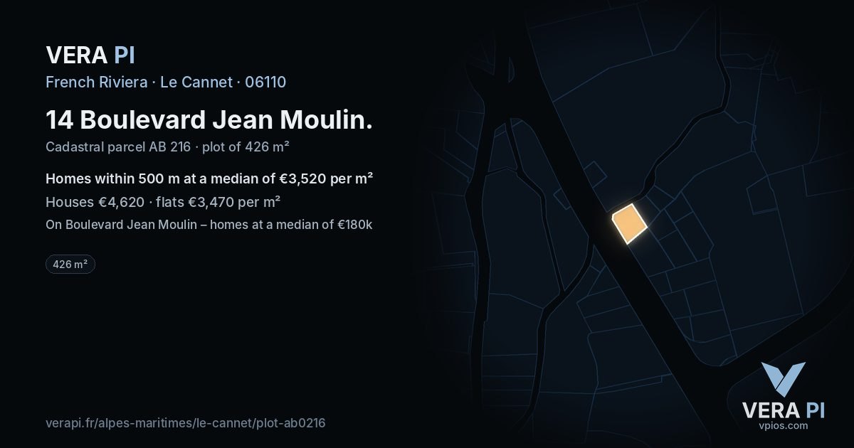 14 Boulevard Jean Moulin, Le Cannet at night – the plot lit, the parcels around coloured by the prices near them
