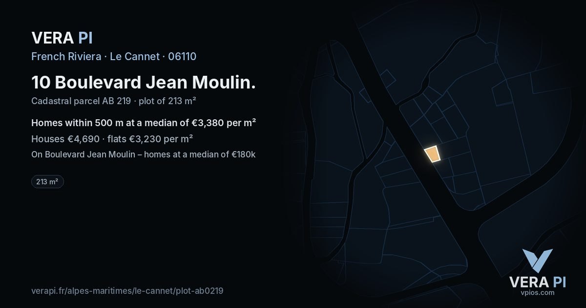 10 Boulevard Jean Moulin, Le Cannet at night – the plot lit, the parcels around coloured by the prices near them