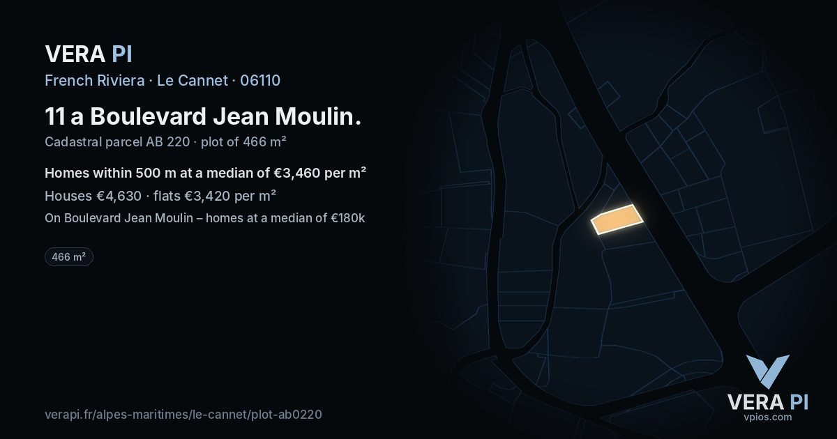 11 a Boulevard Jean Moulin, Le Cannet at night – the plot lit, the parcels around coloured by the prices near them