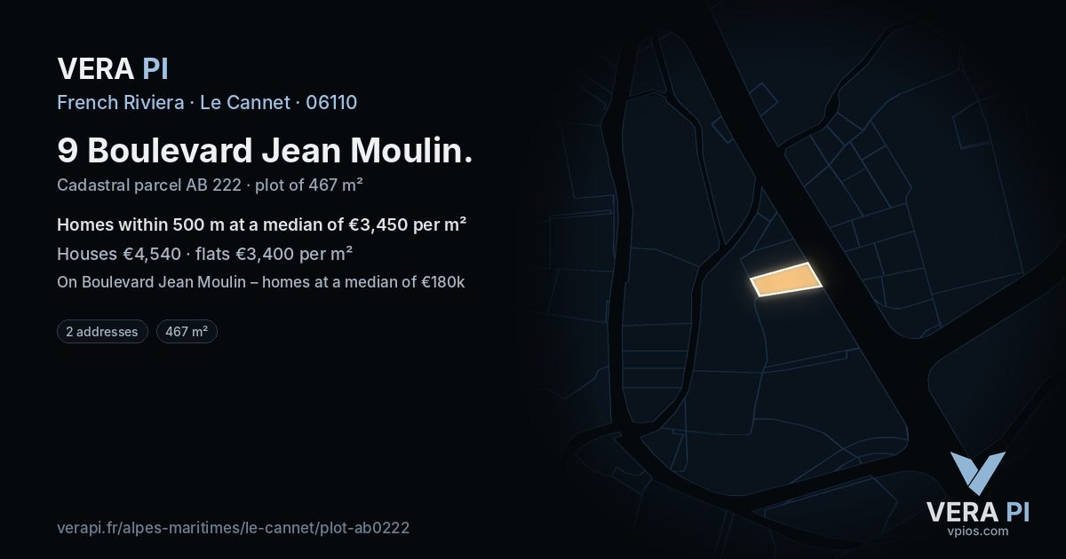 9 Boulevard Jean Moulin, Le Cannet at night – the plot lit, the parcels around coloured by the prices near them