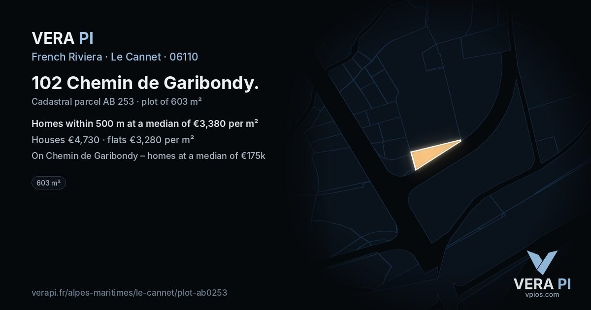 102 Chemin de Garibondy, Le Cannet at night – the plot lit, the parcels around coloured by the prices near them