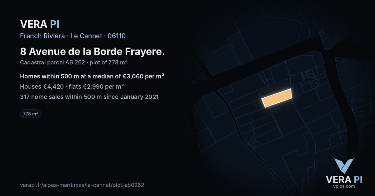 8 Avenue de la Borde Frayere, Le Cannet at night – the plot lit, the parcels around coloured by the prices near them