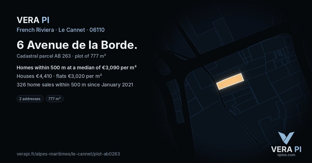 6 Avenue de la Borde, Le Cannet at night – the plot lit, the parcels around coloured by the prices near them
