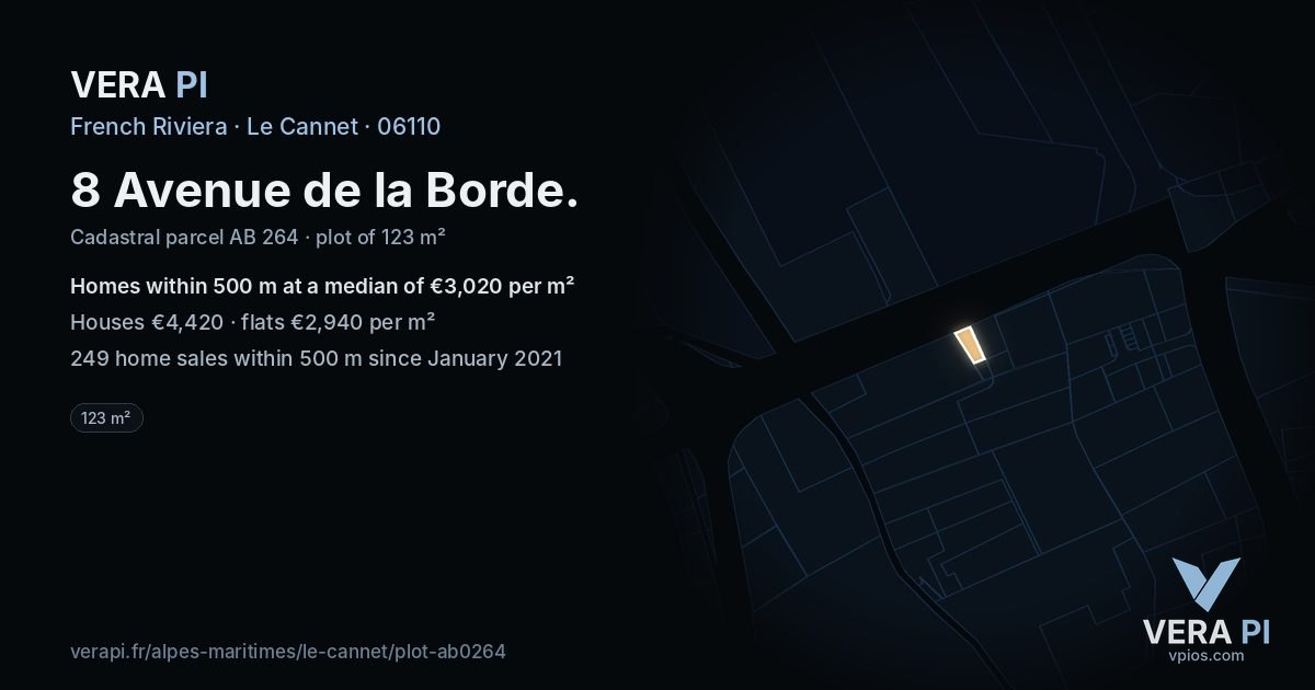 8 Avenue de la Borde, Le Cannet at night – the plot lit, the parcels around coloured by the prices near them