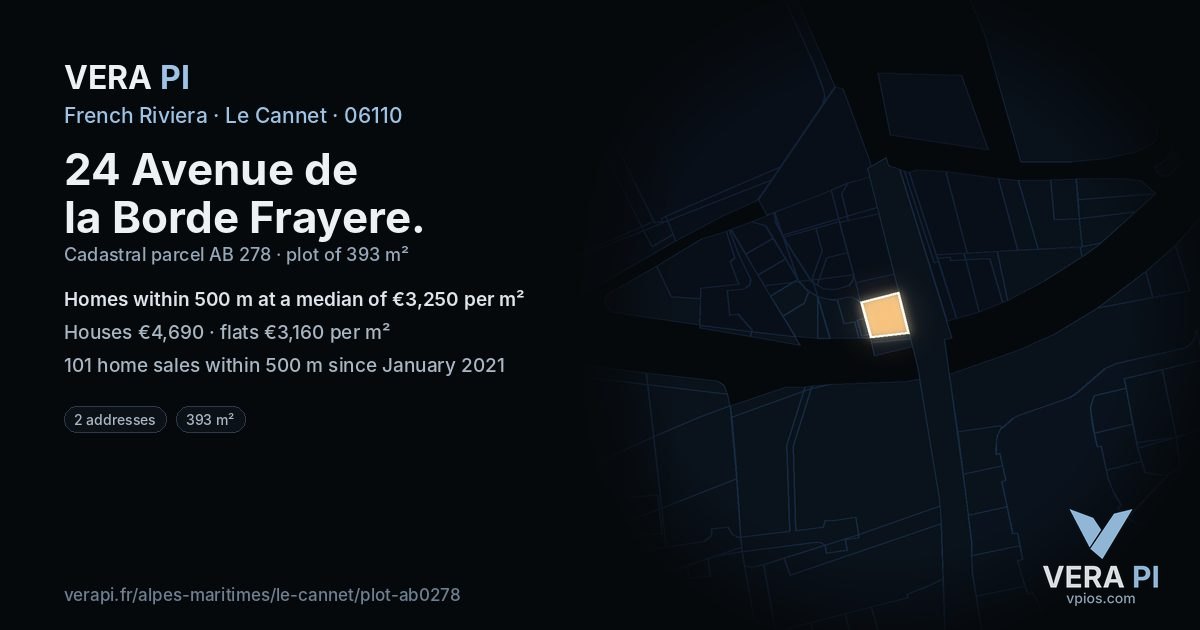 24 Avenue de la Borde Frayere, Le Cannet at night – the plot lit, the parcels around coloured by the prices near them